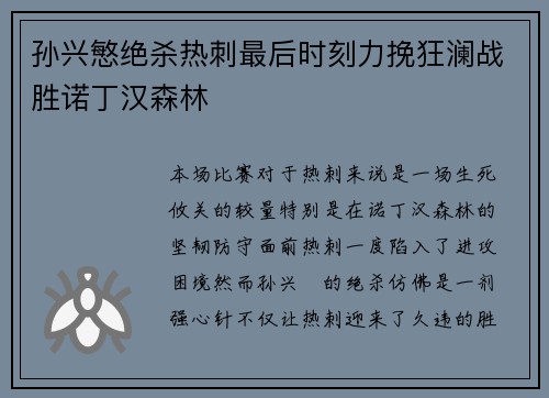 孙兴慜绝杀热刺最后时刻力挽狂澜战胜诺丁汉森林